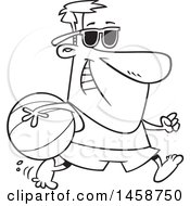 Clipart Of A Cartoon Lineart Man In Summer Gear Running With A Beach Ball Royalty Free Vector Illustration