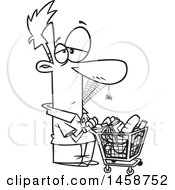 Poster, Art Print Of Cartoon Outline Man Covered In Spider Webs Waiting A Long Time To Checkout In A Grocery Store