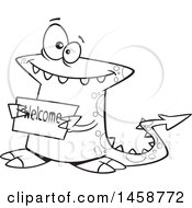 Clipart Of A Cartoon Outline Welcoming Monster Holding A Sign Royalty Free Vector Illustration