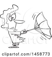 Poster, Art Print Of Cartoon Lineart Woman Trying To Hold Onto An Umbrella On A Windy Day