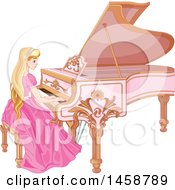 Poster, Art Print Of Girl With Long Blond Hair Sitting And Playing A Forte Piano