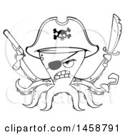Clipart Of A Tough Black And White Pirate Octopus Holding A Sword And Pistol Royalty Free Vector Illustration