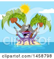Poster, Art Print Of Tough Purple Pirate Octopus Holding A Sword And Pistol On An Island