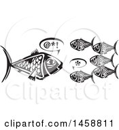 Poster, Art Print Of Black And White Woodcut Big Fish Speaking To Smaller Fish