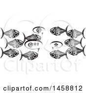 Poster, Art Print Of Black And White Woodcut Group Of Fish Talking