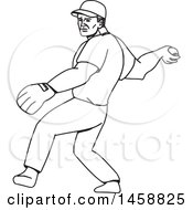 Clipart Of A Black And White Baseball Player Pitching Black And White Mono Line Style Royalty Free Vector Illustration