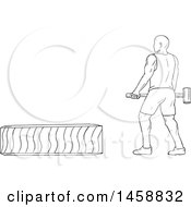 Clipart Of A Black And White Athlete Hitting A Tire With A Hammer In Sketch Style Royalty Free Vector Illustration by patrimonio