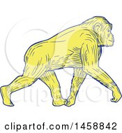Poster, Art Print Of Yellow Walking Chimpanzee In Sketched Drawing Style