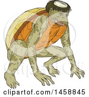 Clipart Of A Crouching Kappa Demon Turtle In Sketched Drawing Style Royalty Free Vector Illustration