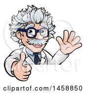 Poster, Art Print Of Cartoon Senior Male Scientist Giving A Thumb Up And Waving Over A Sign
