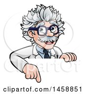 Poster, Art Print Of Cartoon Senior Male Scientist Pointing Down Over A Sign