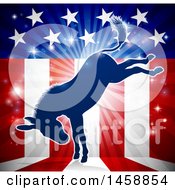 Poster, Art Print Of Blue Silhouette Of A Kicking Democratic Donkey Over An American Flag Themed Burst