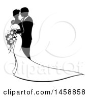 Poster, Art Print Of Black And White Silhouetted Posing Wedding Bride And Groom With A Bouquet