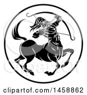 Clipart Of A Black And White Zodiac Horoscope Astrology Centaur Sagittarius Circle Design Royalty Free Vector Illustration by AtStockIllustration