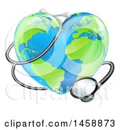 Clipart Of A 3d Medical Stethoscope Around A Heart World Earth Globe Royalty Free Vector Illustration