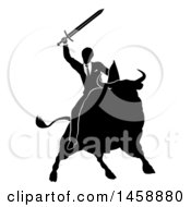 Poster, Art Print Of Black And White Silhouetted Business Man Holding A Sword And Riding A Stock Market Bull