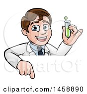 Clipart Of A Cartoon Young Male Scientist Pointing Down And Holding A Test Tube Over A Sign Royalty Free Vector Illustration by AtStockIllustration
