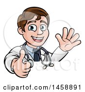 Clipart Of A Cartoon Young Male Veterinarian Or Doctor Waving And Giving A Thumb Up Over A Sign Royalty Free Vector Illustration