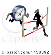 Poster, Art Print Of Silhouetted Woman Racing Against The Clock Running Through A Finish Line
