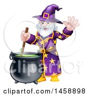 Poster, Art Print Of Happy Old Bearded Wizard Mixing A Potion And Waving