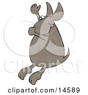 Hot Dog Plugging His Nose Hanging His Tongue Out And Throwing His Arm Up In The Air While Diving Into Water Clipart Illustration