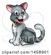 Poster, Art Print Of Cartoon Happy Sitting Gray And White Kitty Cat