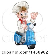 Cartoon Happy White Male Chef Gesturing Ok On A Delivery Scooter