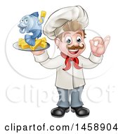 Poster, Art Print Of Cartoon White Male Chef Gesturing Ok And Holding A Fish And Chips On A Tray