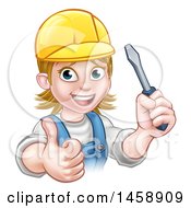 Poster, Art Print Of Cartoon Happy White Female Electrician Wearing A Cap Holding Up A Screwdriver And Giving A Thumb Up