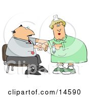 Nervous Businessman Sitting In A Chair And Reaching Out To A Female Nurse While She Prepares A Syringe To Give Him A Flu Shot In The Arm At A Medical Clinic Clipart Illustration