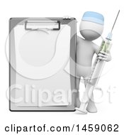 Clipart Of A 3d White Man With A Syringe And Clipboard On A White Background Royalty Free Illustration