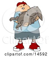 Poster, Art Print Of Chubby Caucasian Boy Holding His Happy Dog In His Arms