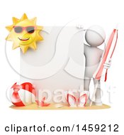 Clipart Of A 3d White Man With Summer Beach Gear By A Sign On A White Background Royalty Free Illustration