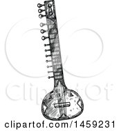 Sketched Sitar Instrument In Black And White