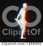 Clipart Of A 3d Medical Male Figure Stretching His Leg With Dual Color Effect Over Black Royalty Free Illustration