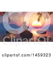 Poster, Art Print Of 3d Silhouetted Woman Doing Yoga On Stones On A Lake Against A Sunset