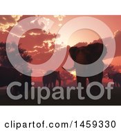 Poster, Art Print Of 3d Red Sunset With Elephants And Rhinos