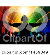 Clipart Of A Silhouetted Male Dj Holding His Arms Out Over A Record Deck And Crowd With Colorful Lines Royalty Free Vector Illustration