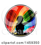 Clipart Of A Silhouetted Female Dj Over A Record Deck In A Colorful Circle Royalty Free Vector Illustration