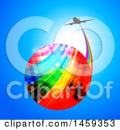 Clipart Of A Colorful Globe With A Rainbow Trail And Silhouetted Airplane Over A Blue Sky Royalty Free Vector Illustration