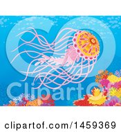 Poster, Art Print Of Beautiful Pink Jellyfish Over A Coral Reef