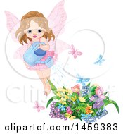 Poster, Art Print Of Toddler Fairy Girl Watering A Flower Garden With Fluttering Butterflies