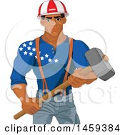 Poster, Art Print Of Handsome Muscular Black Male Worker Holding A Demolition Hammer And American Themed Helmet And Shirt