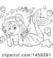 Clipart Of A Black And White Happy Mermaid Resting Her Head In Her Hands Royalty Free Vector Illustration