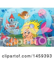 Poster, Art Print Of Happy Mermaid Resting Her Head In Her Hands Near An Underwater Castle
