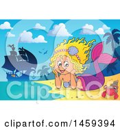 Clipart Of A Happy Mermaid Resting Her Head In Her Hands On A Beach With A Ship In The Background Royalty Free Vector Illustration