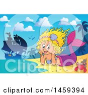 Poster, Art Print Of Happy Mermaid Resting Her Head In Her Hands On A Beach With A Ship In The Background