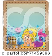 Poster, Art Print Of Parchment Border Of A Happy Mermaid Resting Her Head In Her Hands Near An Underwater Treasure Chest