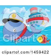 Clipart Of A Fish And Captain Whale Splashing Water Near A Cruise Ship Royalty Free Vector Illustration by visekart