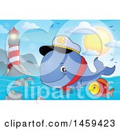 Clipart Of A Fish And Captain Whale Splashing Water Near A Lighthouse Royalty Free Vector Illustration